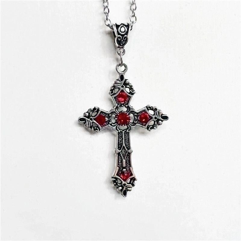 Gothic Cross Alloy Inlay Zircon Women's Pendant Necklace