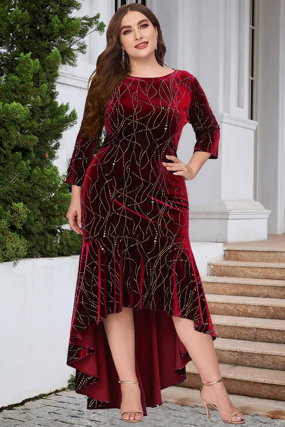 Plus Size Christmas Burgundy Velvet 3/4 Sleeve High Low Hem Mermaid Maxi Dress