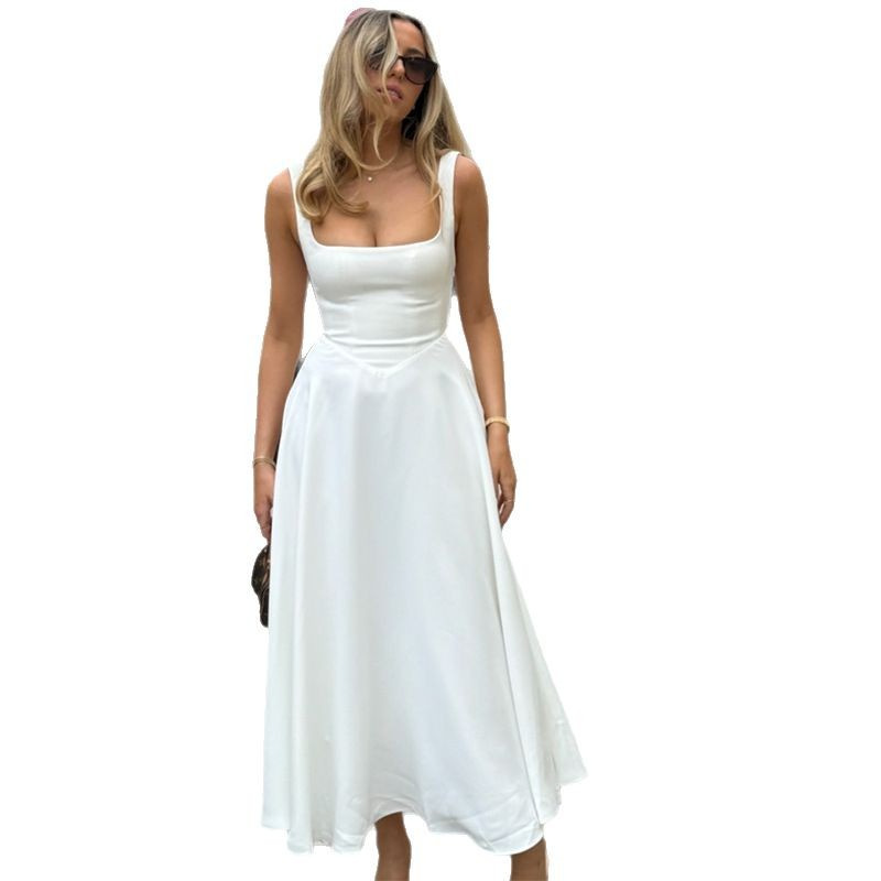Women's Square Neck A-Line Maxi Dress, Sleeveless Formal Bridal Evening Gown