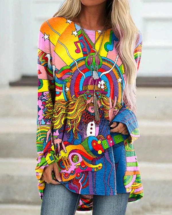 🔥kukelife🔥Hippie Art Crew Neck Long Sleeve Casual Tunic