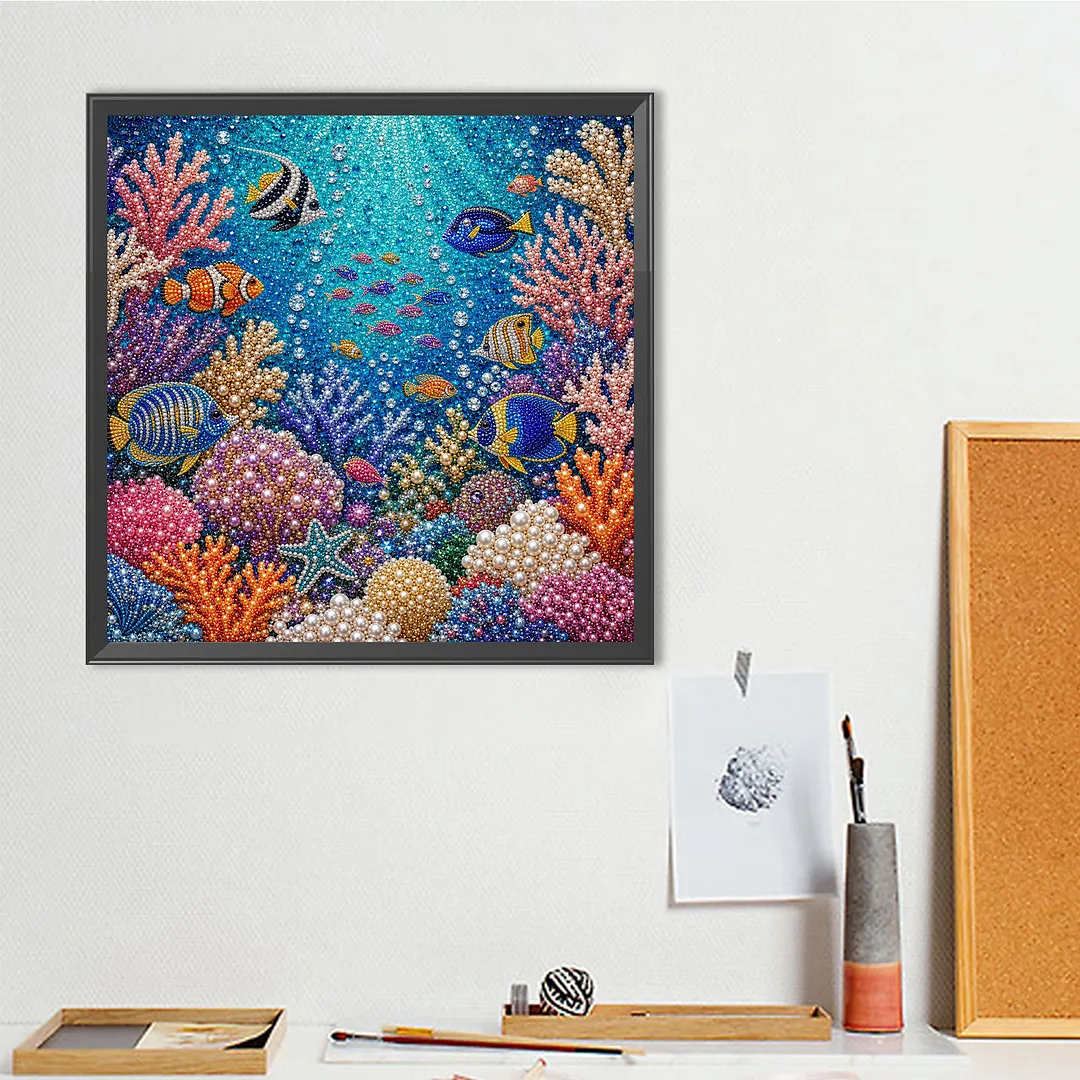 Underwater World Pearl Full DIY 5D Round Drill Gem Art Diamond Painting Kits 15.75x15.75 in Diamond Dots Paintings Picture Arts Craft Diamond Art Kits for Adults Beginner Home Wall Decor