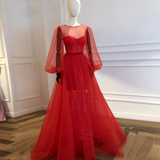 Custom Made Red Illusion Long Sleeve Evening Dresses Custom Made Puffy Tulle See Through Special Occasion Dresses Cheap