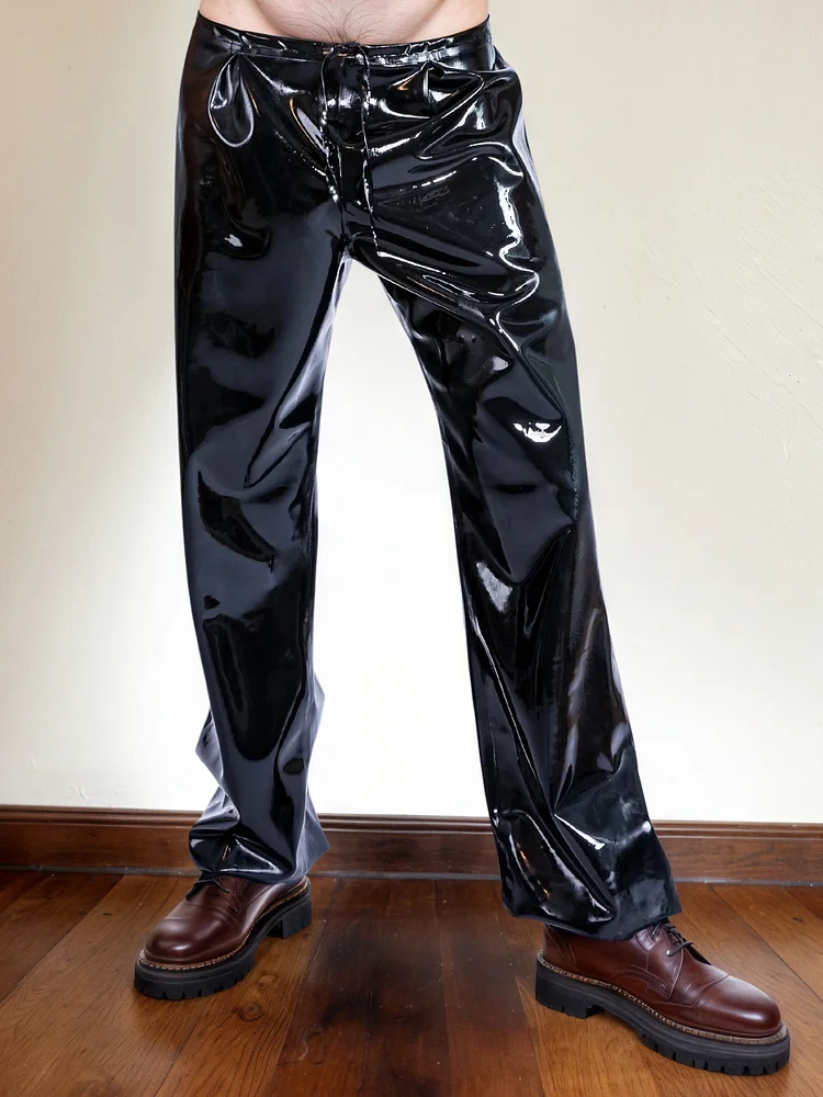 Men Latex Pants Black Straight-Leg