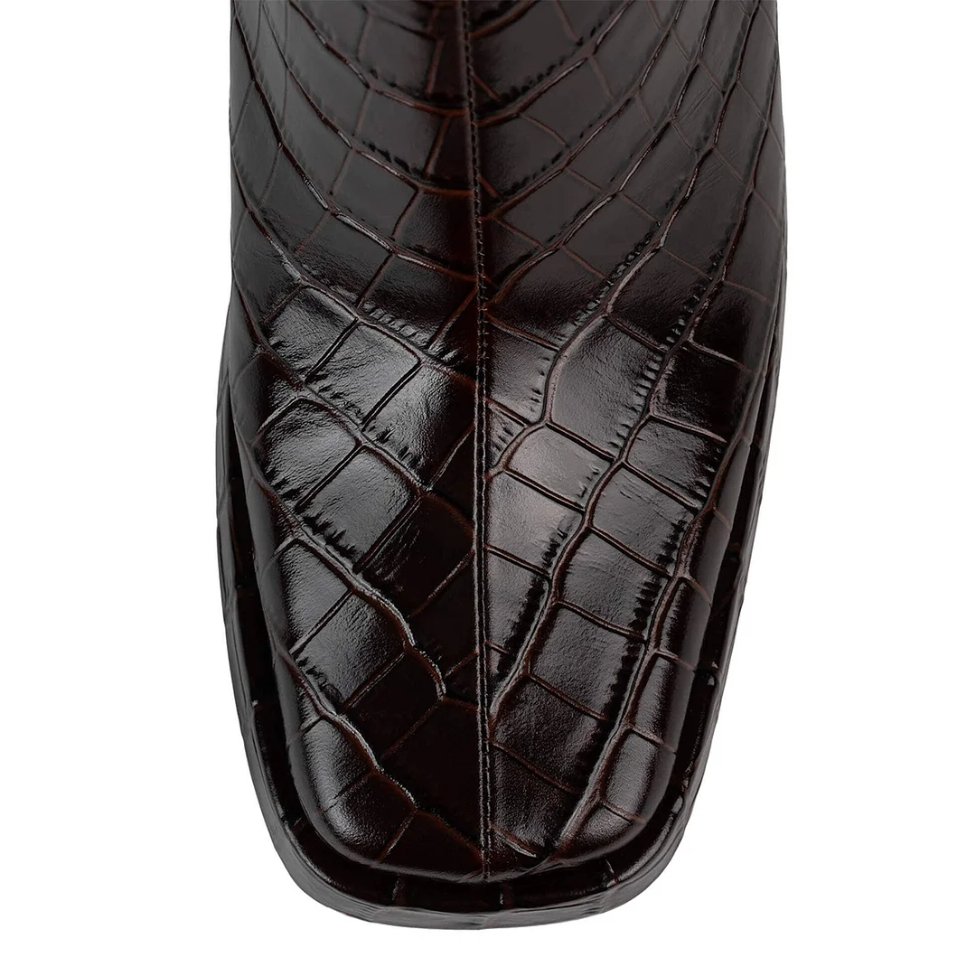 Black Patent Leather Croc-Embossed Block Heel Ankle Boots   