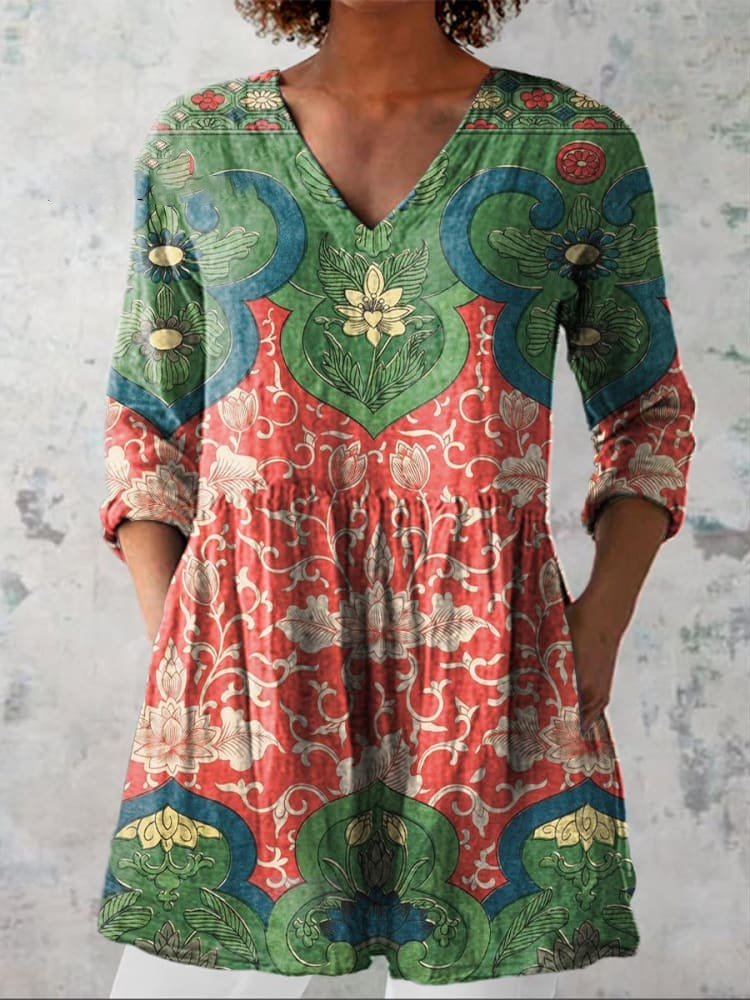 Womens Retro Geometric Art Flowers Pattern Casual Linen V-Neck Shirt