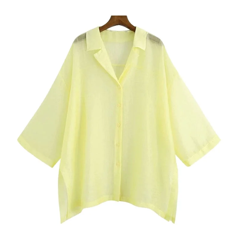 TRAF Women Sexy Fashion See Through Organza Loose Blouses Vintage Side Vents Button-up Female Shirts Chic Tops