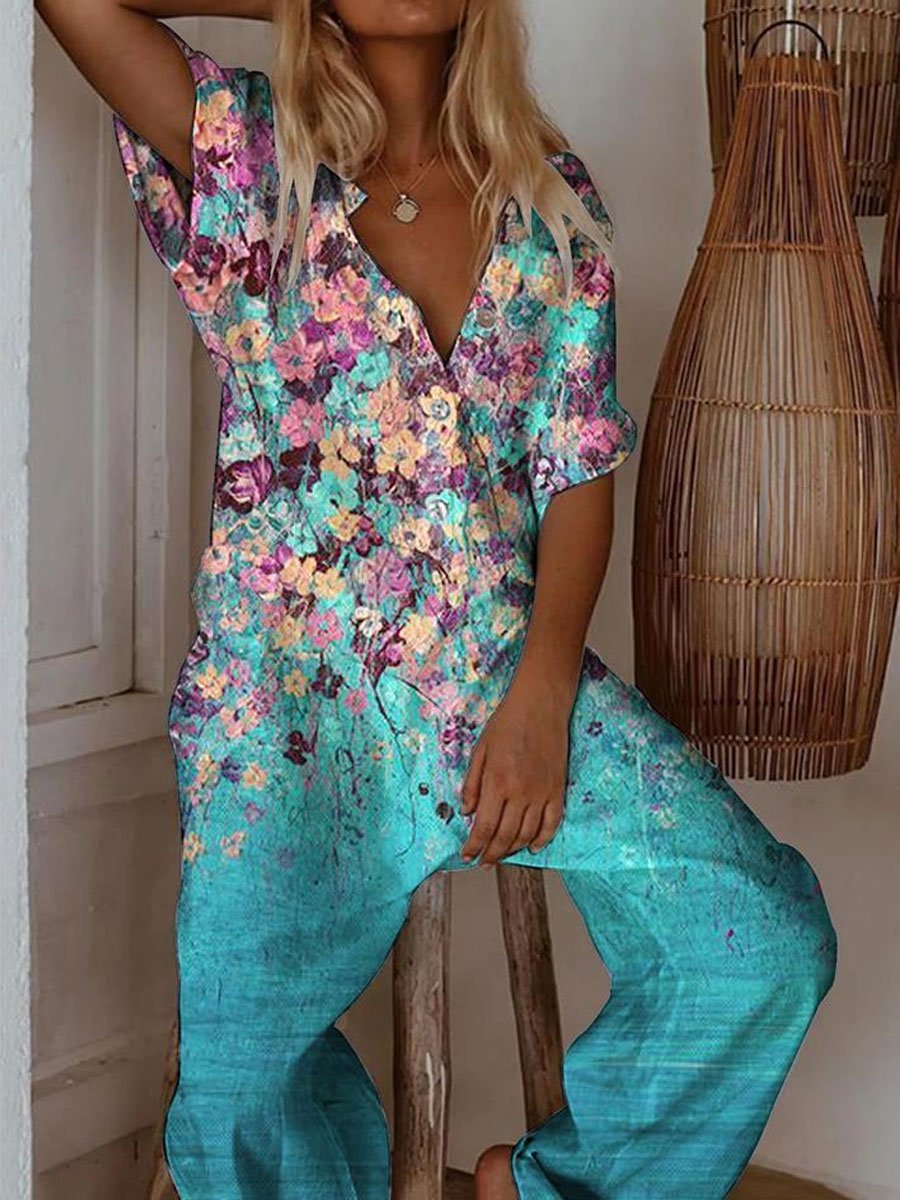 Women Daliy Summer Vintage Retro print casual jumpsuit