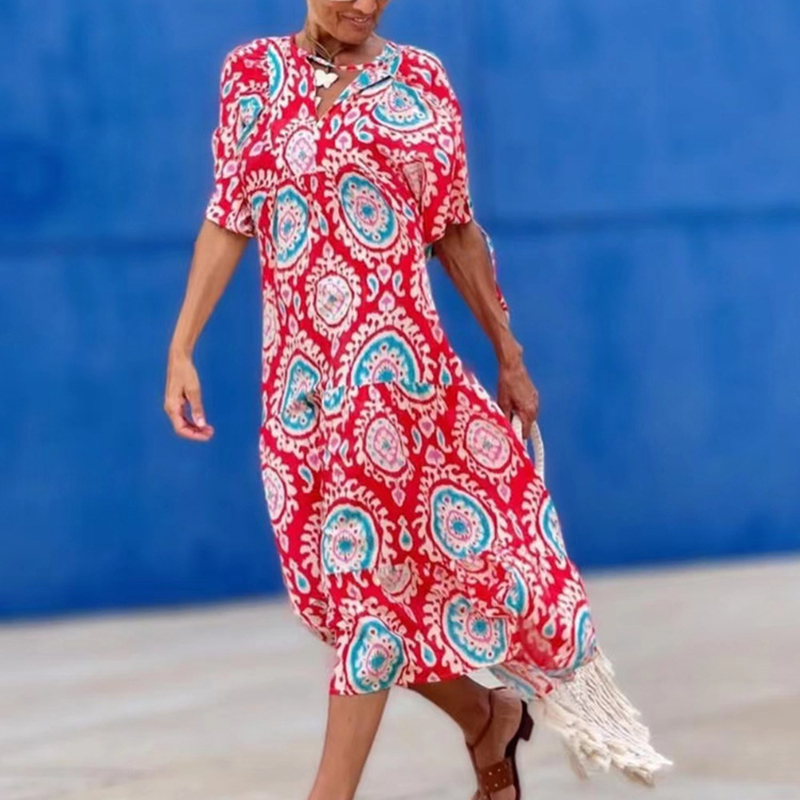 Gamesnears Vintage Floral Print Bohemian Long Dress Women Elegant V Neck Loose Maxi Party Dress Spring Autumn 3/4 Sleeve Office Lady Dress