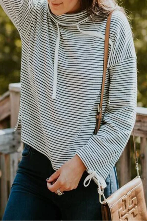 Turtle Neck Striped Drawstring Sweatshirt P16084