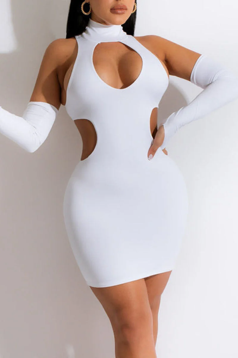 Sexy Solid Hollowed Out Split Joint Backless Turtleneck One Step Skirt Dresses