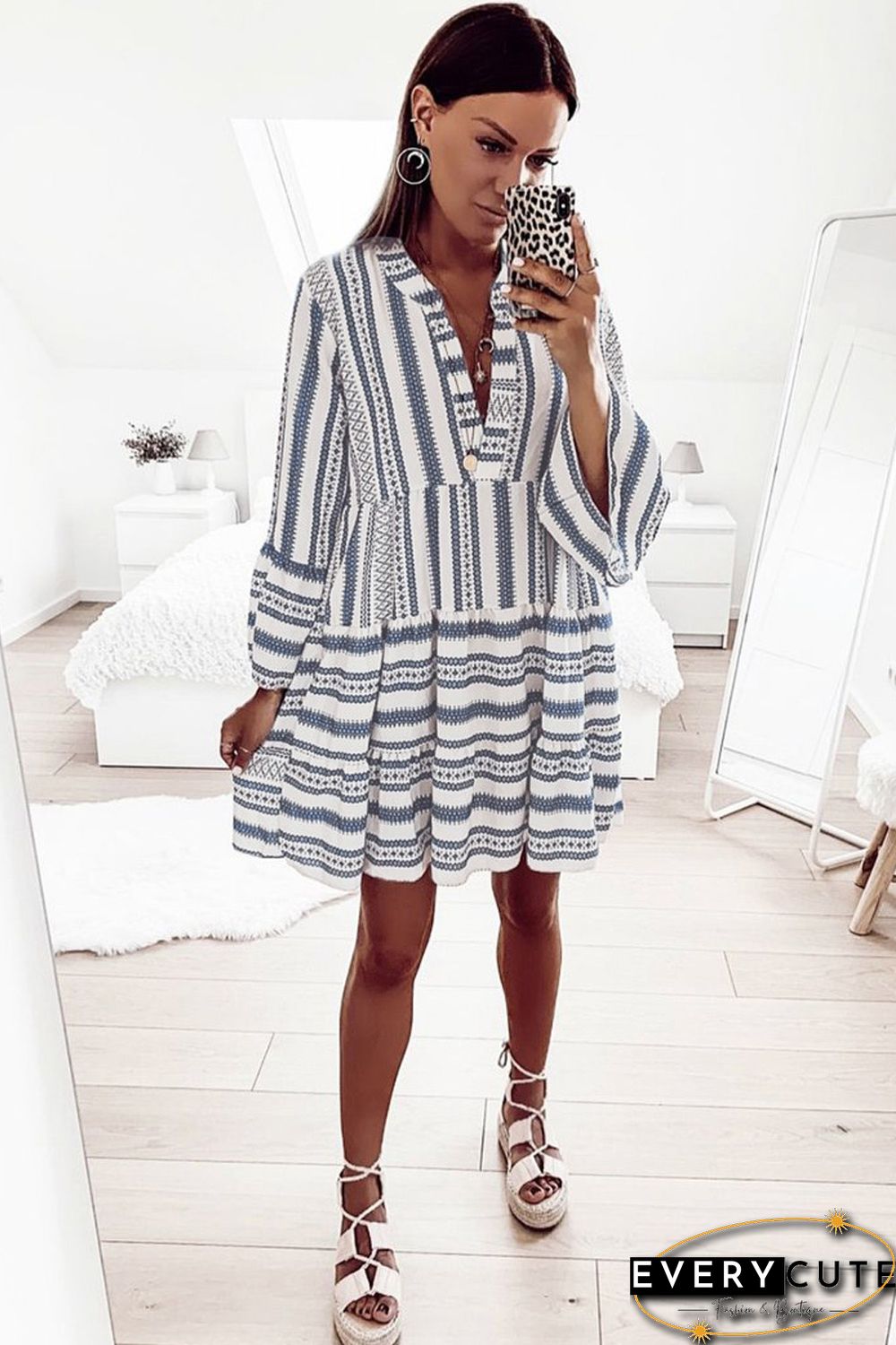 Sky Blue Geometric Print V neck Flare Half Sleeve Ruffle Swing Mini Dress