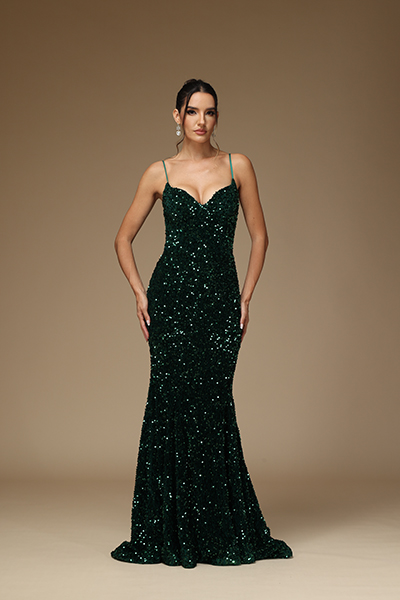 Ovlias Spaghetti Straps Dark Green Prom Dress Long Sexy V-Neck Squins
