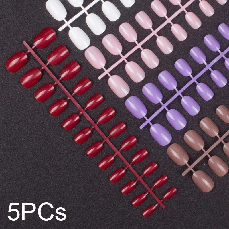 5 Set Mixed Colors 24 Pieces Per Set Fashion Round Colored False Nails Full Cover 10 Size Fake Nails for DIY Press on Nails-Nail Inspo