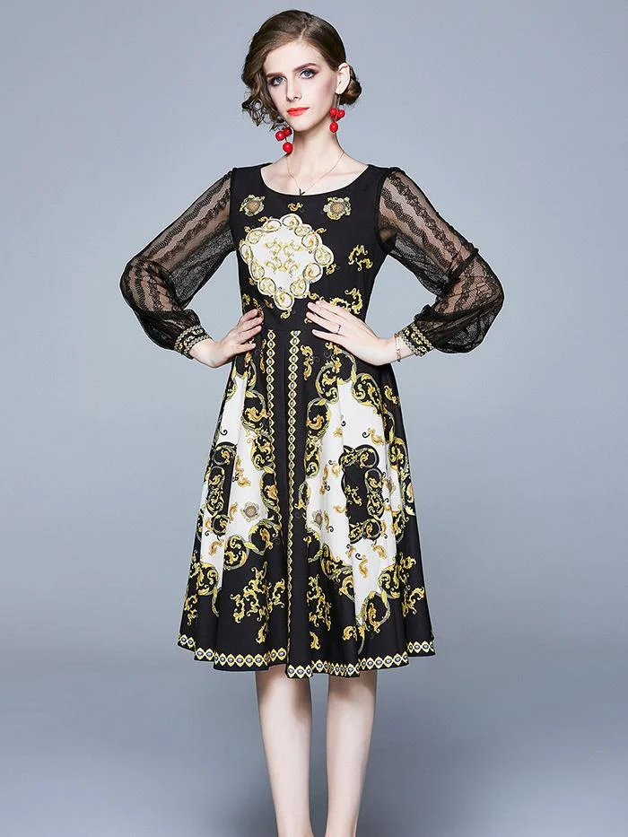 Printed round neck and large hem mid-length dress