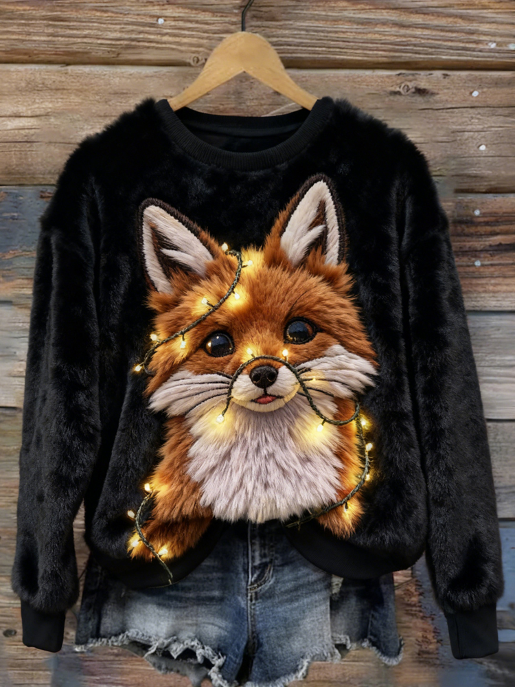 Christmas Lights Tangled Fox Art Cozy Plush Sweatshirt elevenforest