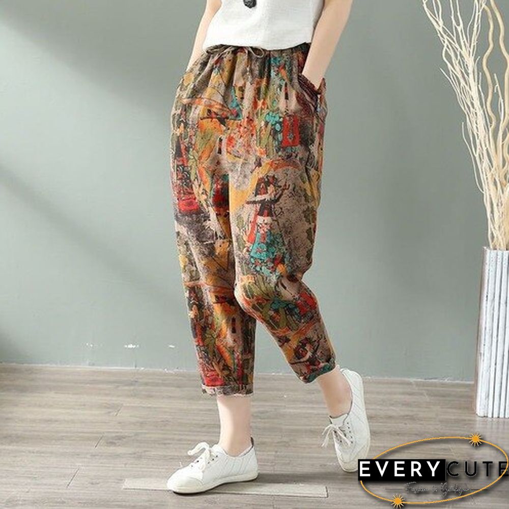 Plus Size Women Vintage Spring Pure Color Harem Linen Pants