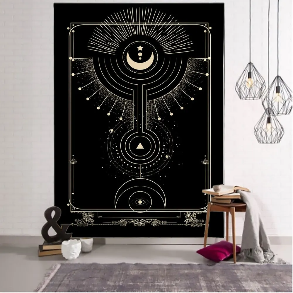 Golden Black Sun Moon Tarot Mandala Tapestry Wall Hanging Witchcraft Hippie Wall Carpets Dorm Decor Psychedelic Tapestry