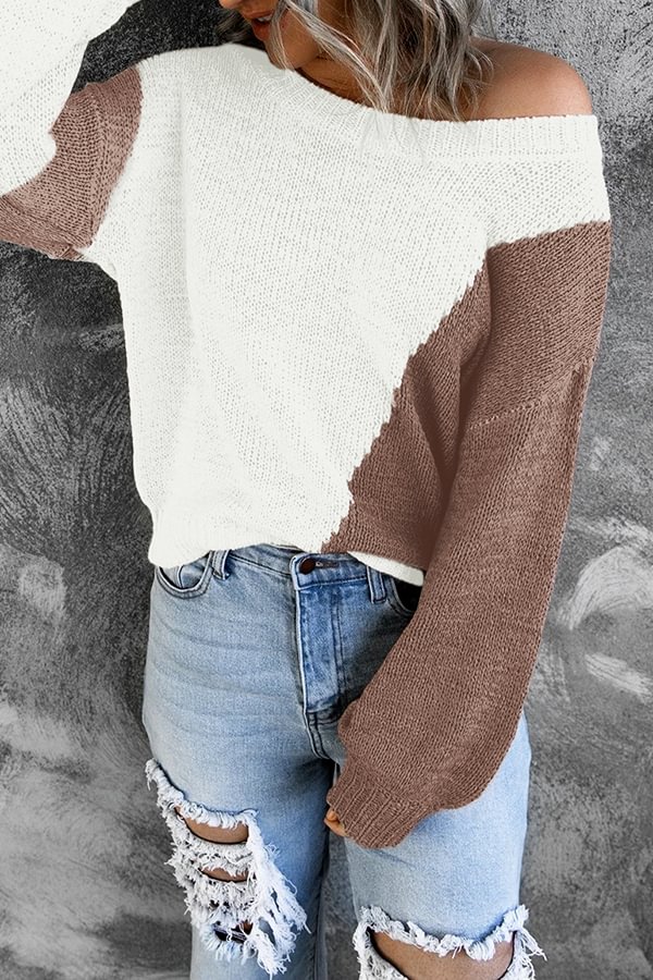 Oblique Collar Colorblock Knitted Sweater