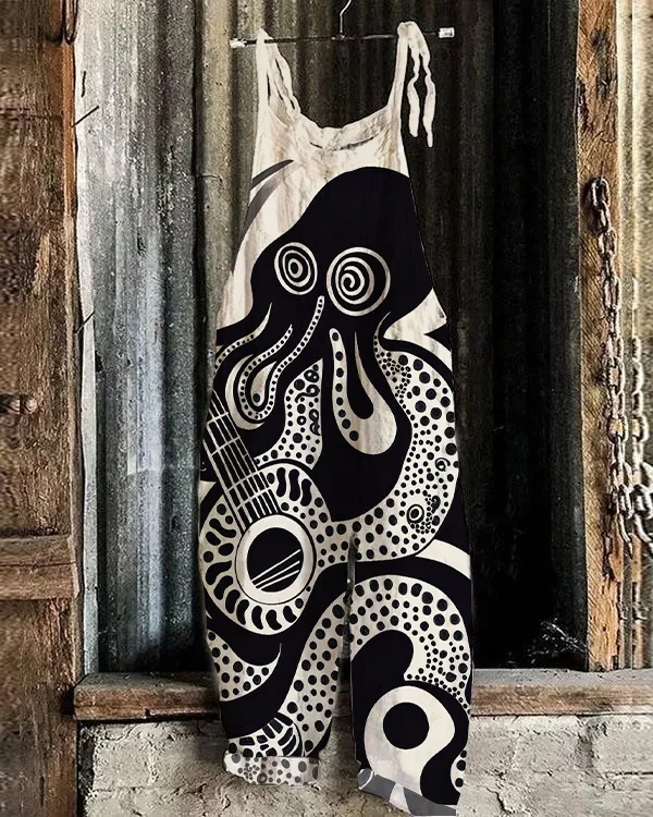 Japanese Octopus Music Art Print Casual Jumpsuit