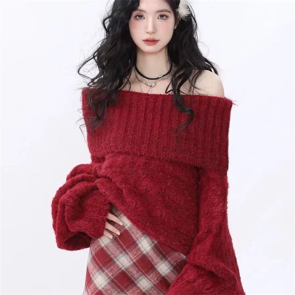 Chatztokens Women's Sweaters Slash Neck Knitted Pullover Sweet Girls Autumn Winter New Clothing Loose Knitwear Female Long Sleeve Pullovers