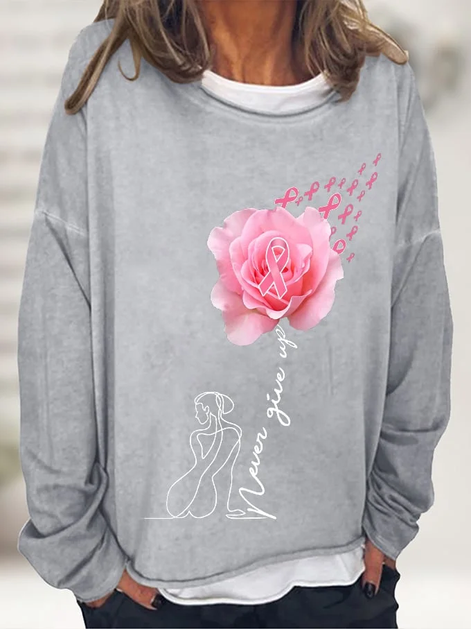 Women's Never Give Up Breast Cancer Rose Women Print Long Sleeve Top socialshop