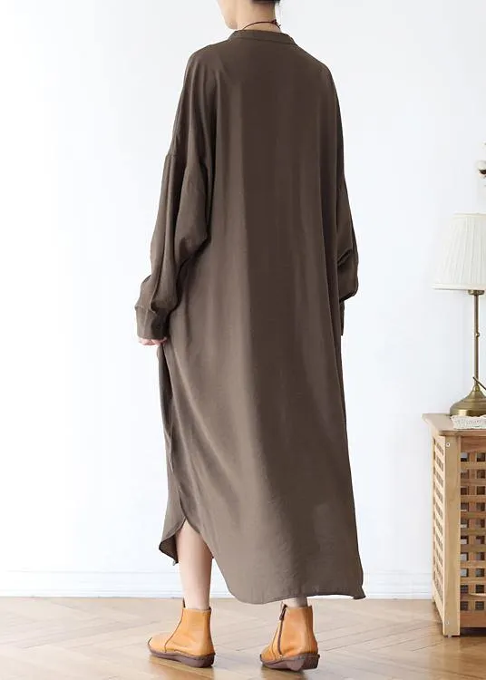 Simple chocolate cotton quilting dresses v neck pockets Traveling spring Dresses