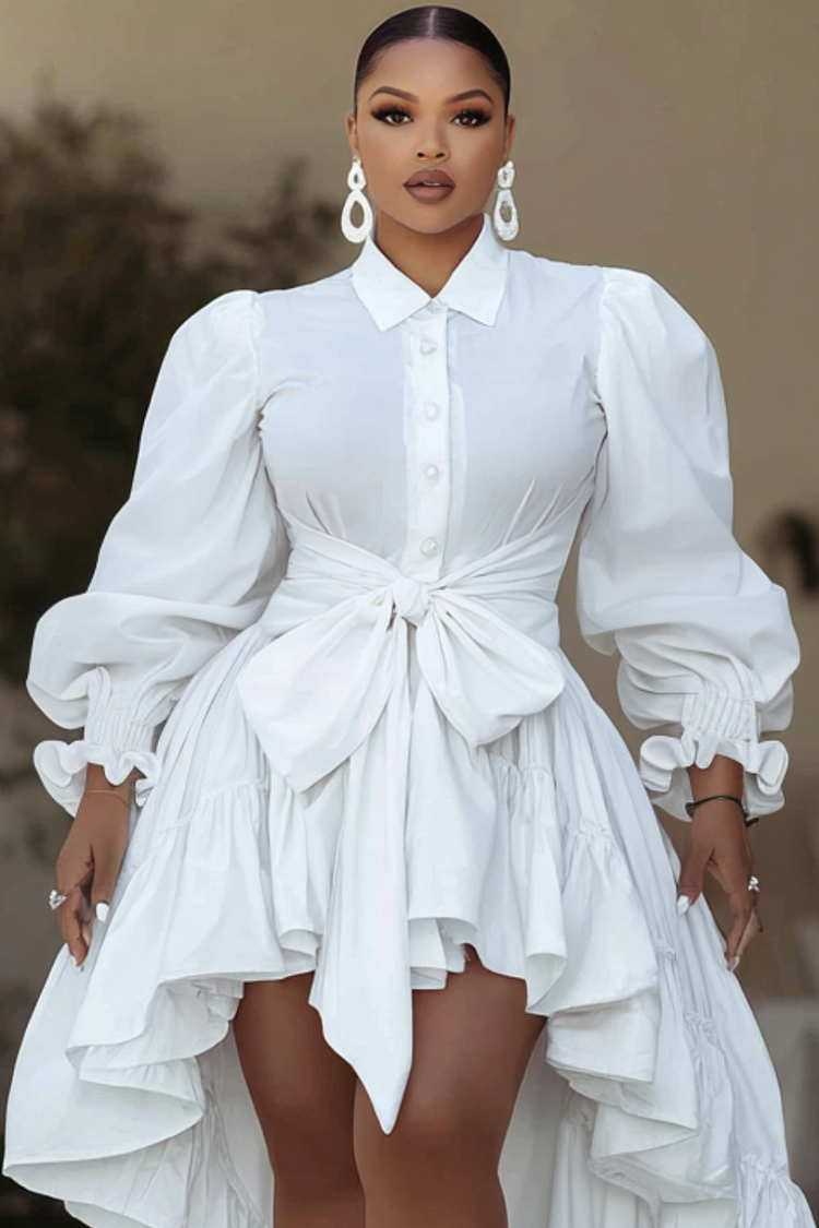 Xpluswear Design Plus Size Semi Formal White Shirt Collar Puff Sleeve Long Sleeve High Low Hem Casual Bow Tie Mini Dresses [Pre-Order]