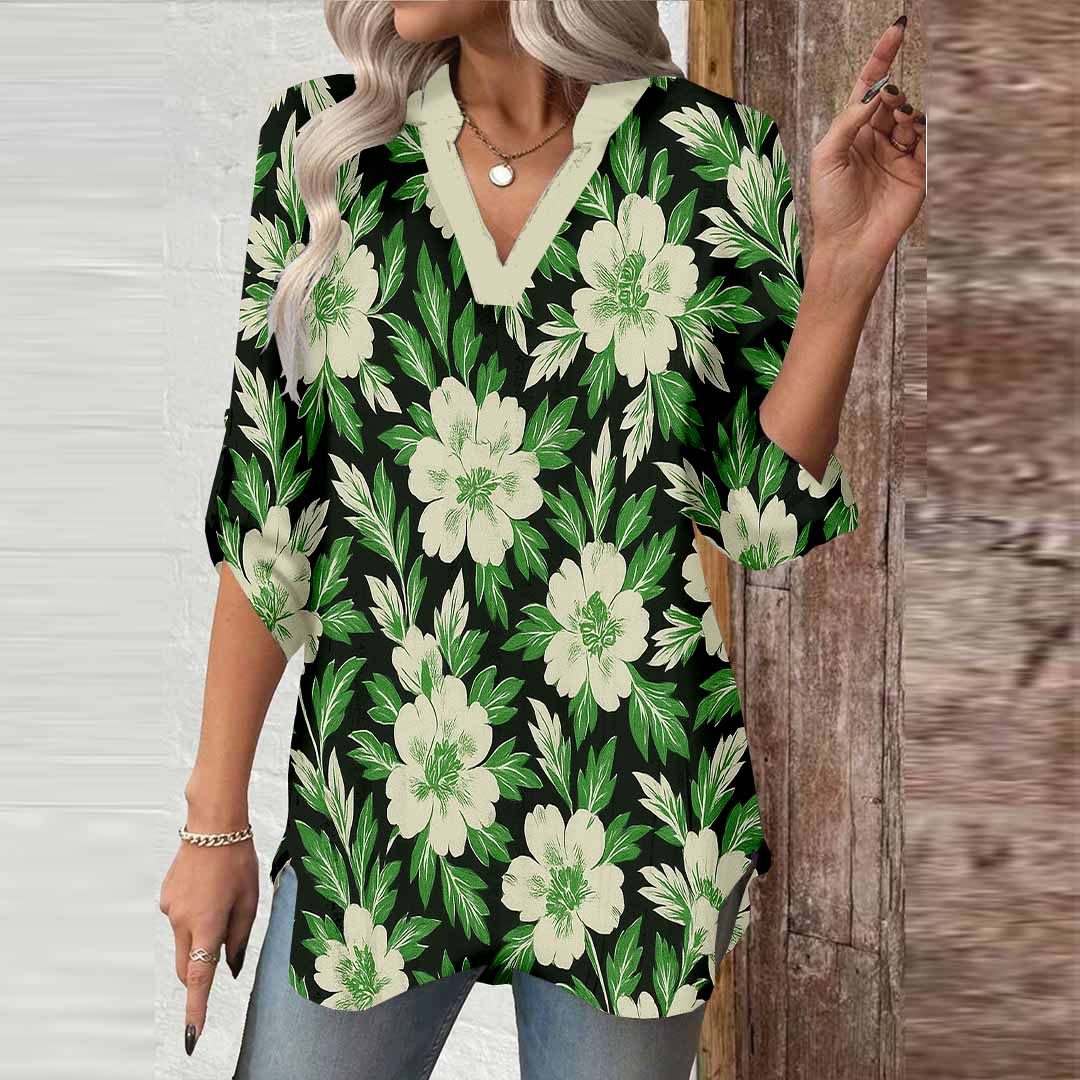 Women Floral, Green DZGA0160 3/4 Sleeve V-neck Printed Graphic Button Tops
