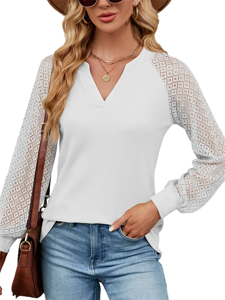Autumn and Winter Waffle Grace Solid Color Spliced Long Sleeve V-neck T-shirt Top Woman | 168DEAL