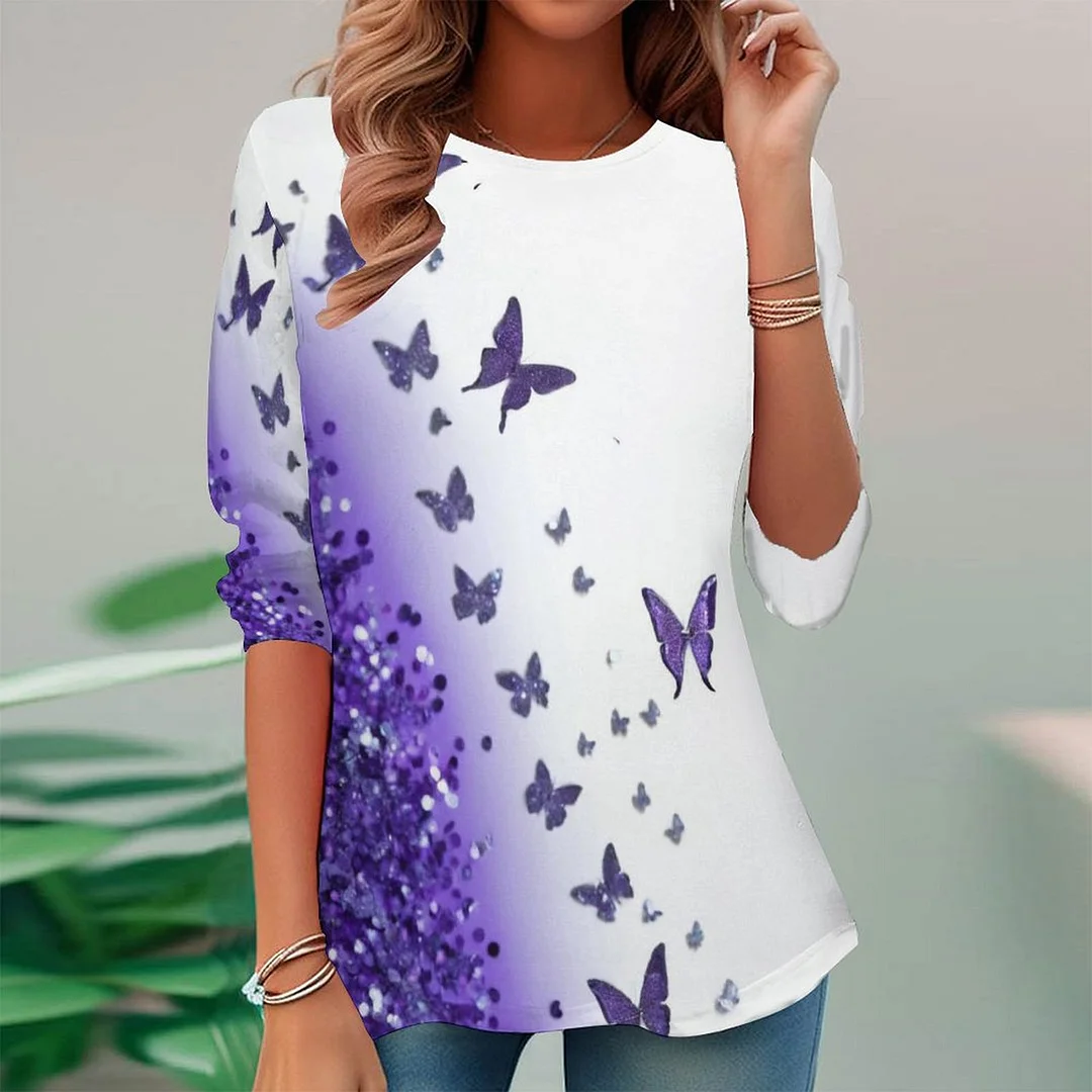 Vintage Printed Long Sleeve Plus Size Tunic for  Women and Men Unisex Pattern Purple,Butterfly,Glitter
