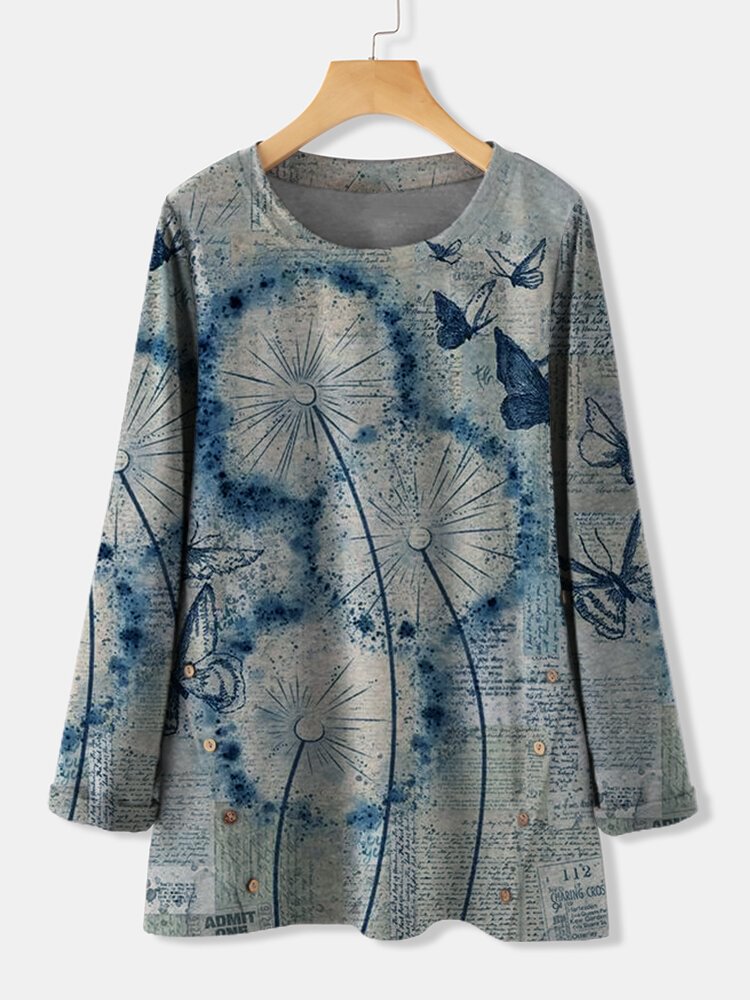 Flower Butterfly Printed Long Sleeve O neck T shirt For Women P1745324