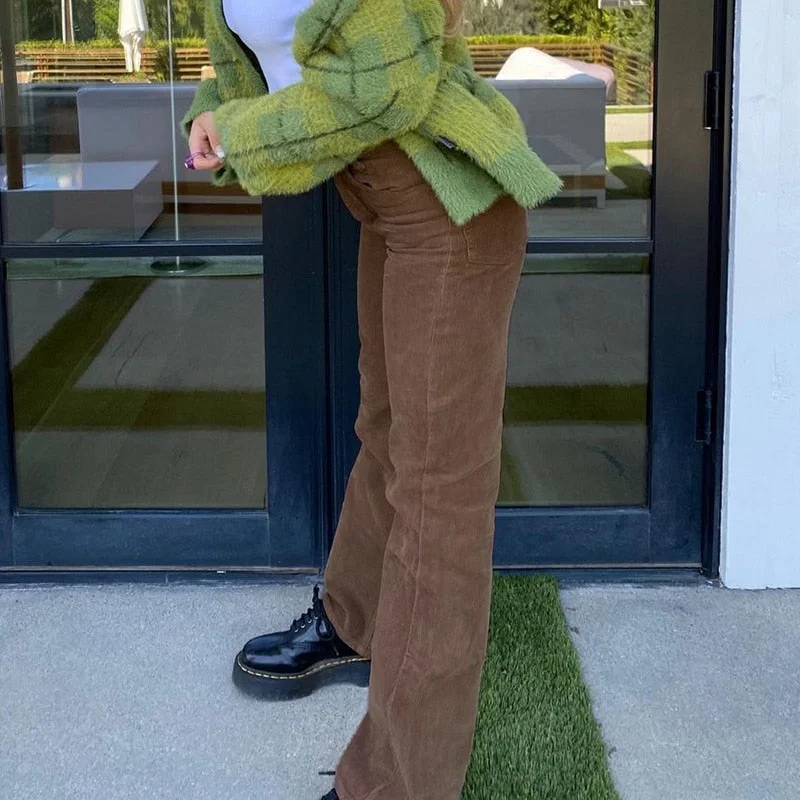 Rapcopter Brown Corduroy Pants Women Harajuku Cargo Pants Retro Trousers Autumn Winter Low Waisted Pant 90S Grunge Fairycore New