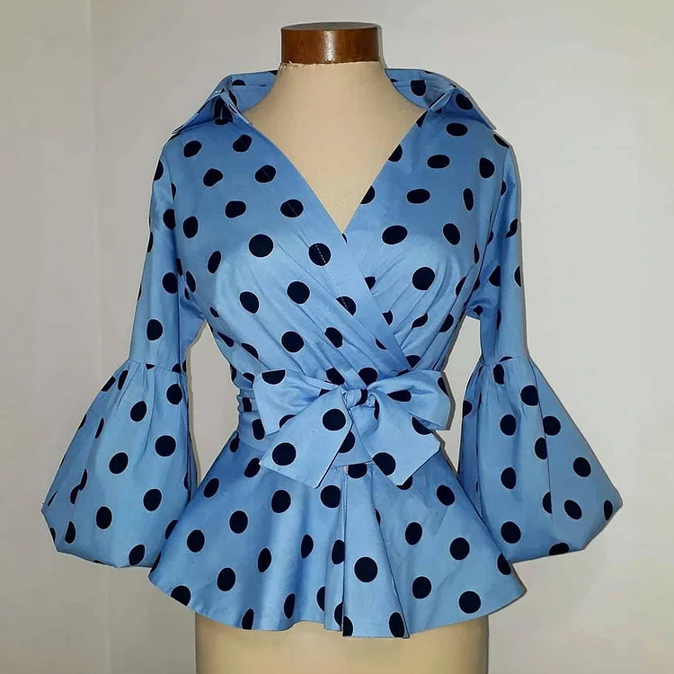 Vintage Polka Dot Wrap Bow Flare Sleeve Blouse