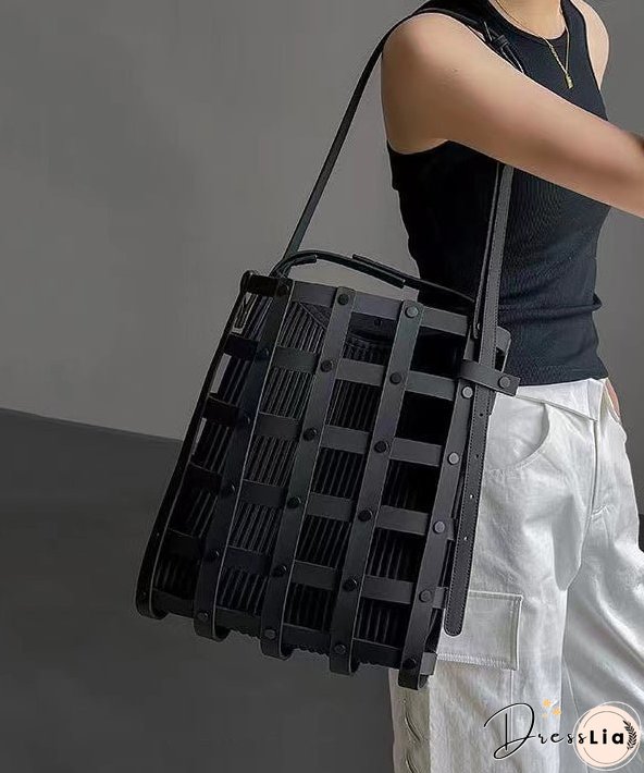 Original Black Hollow Out Rivet Calf Leather Satchel Handbag