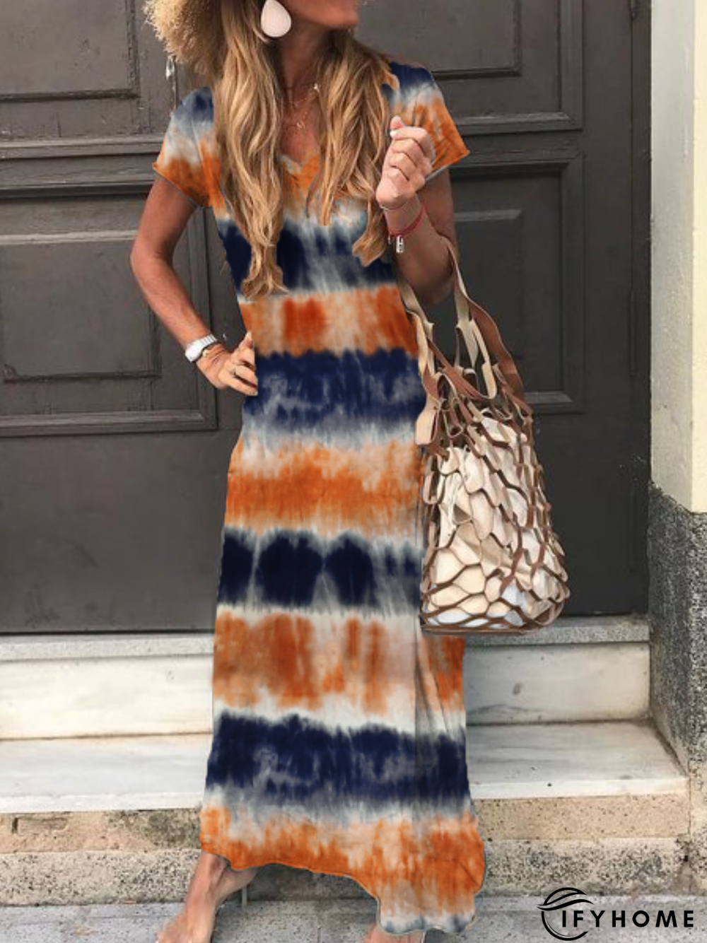 Plus size Short Sleeve V Neck Weaving Dress | IFYHOME