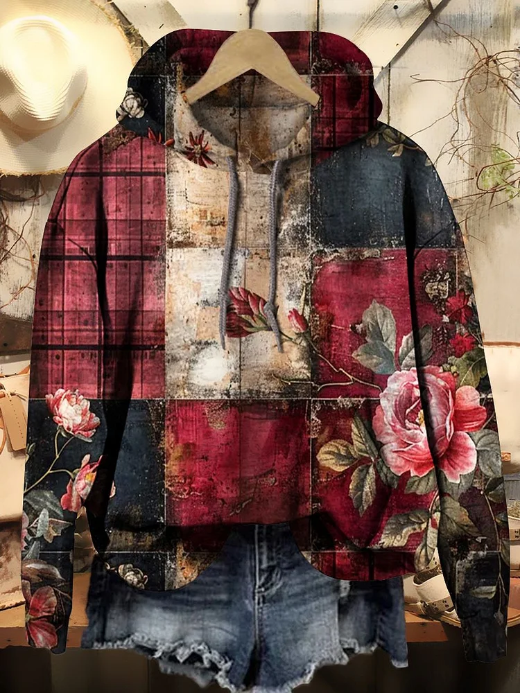 Women's Vintage Floral Collage Art Print Casual Hooded Sweatshirt