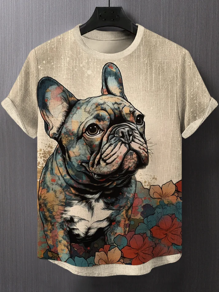 Men's Colorful Flowers Bulldog Art Print Casual T-Shirt