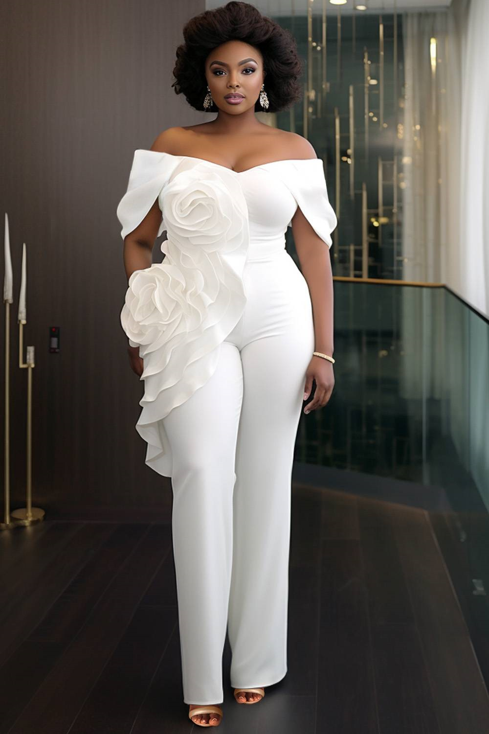 Xpluswear Design Plus Size Formal White Elegant Off The Shoulder 3D Pocket Jumpsuits [Pre-Order]