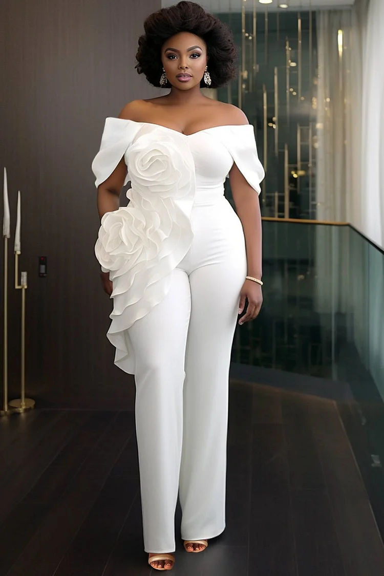 Xpluswear Design Plus Size Formal White Elegant Off The Shoulder 3D Pocket Jumpsuits [Pre-Order] 2024 - Xpluswear