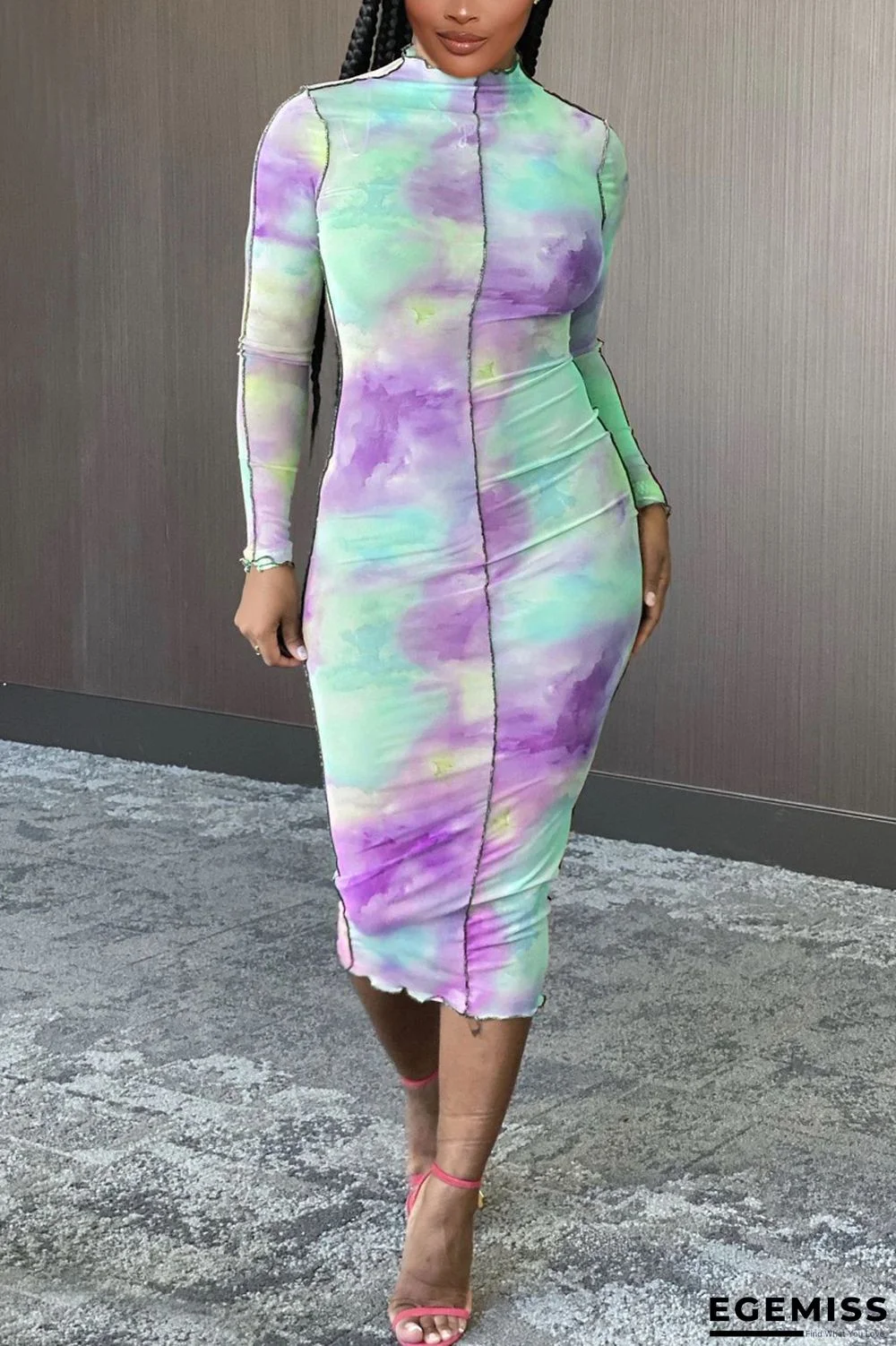 Purple and green Sexy Daily Patchwork Print Patchwork Tie-dye Half A Turtleneck Long Sleeve Mid Calf A Line Dresses | EGEMISS