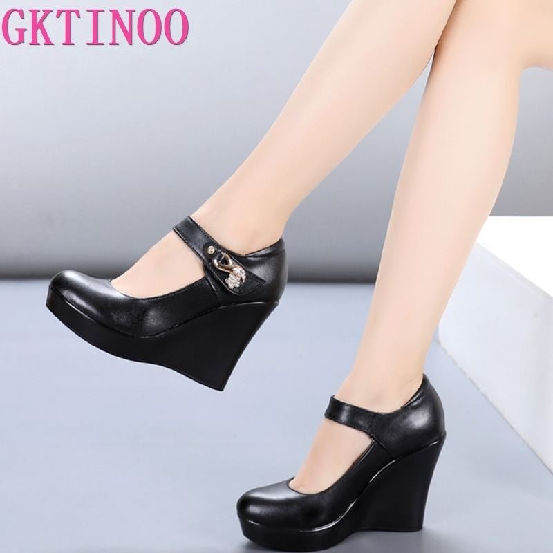 GKTINOO 2021 Spring Autumn Genuine Leather Women's Fashion High Heels Pumps Wedges Black Color Female Platform Shoes Large size