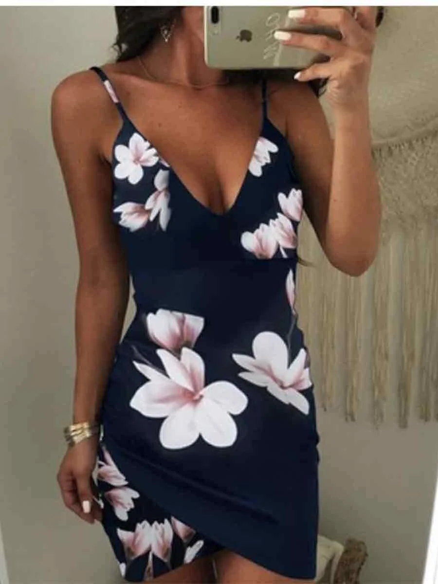 Strap V-Neck Irregular Hem Floral Bodycon Dress