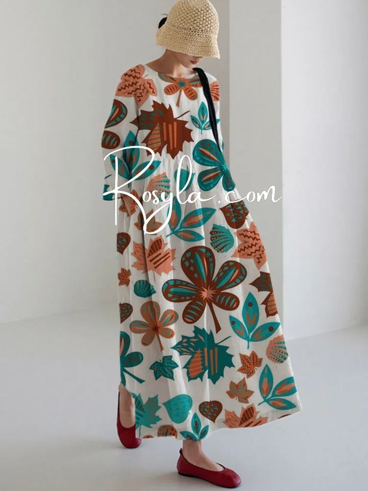 Women's Colorful Leaves Printing Long Sleeve Midi Dress