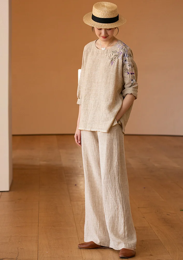 Embroidered Linen Pullover Yarn-Dyed Wide-Leg Suits