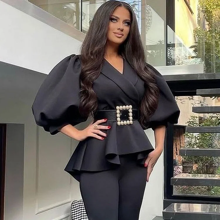 Black Blouses Short Puff Sleeve Ruffles Elegant Women Office Daily Party Peplum Tops Outwear Shirts Blouse for Ladies Summer QueenFunky