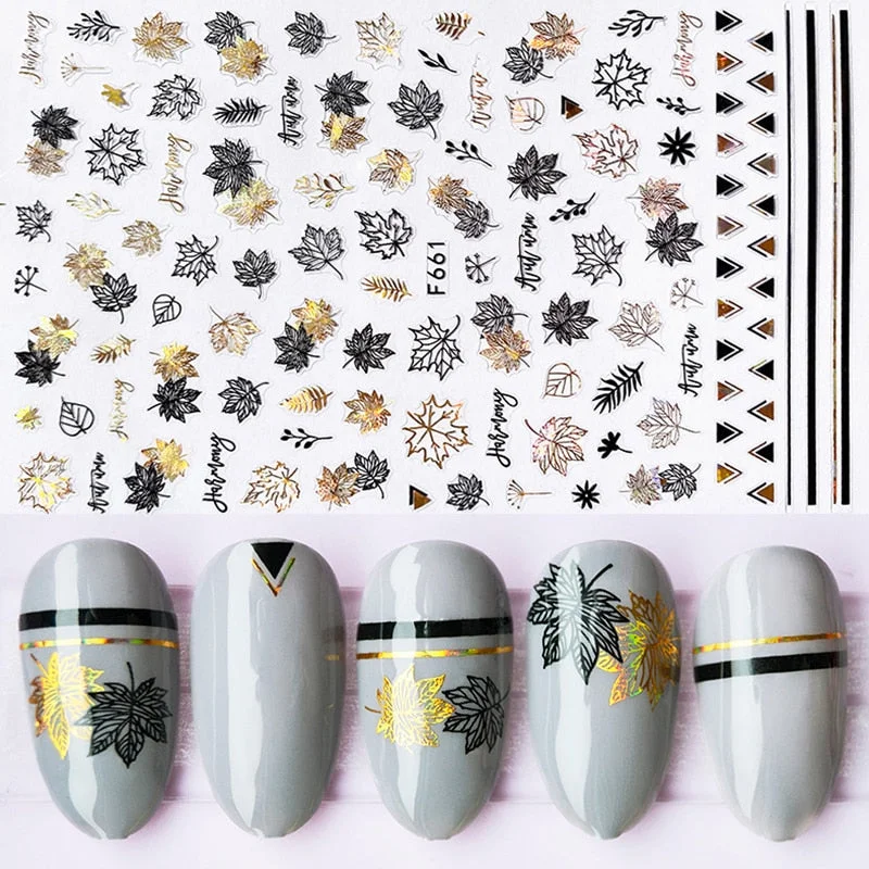 1pcs Black Gold Sping Leaves 3D Nail Sticker Coconut Tree Leaf Pattern Adhesive Transfer Decals Shiny DIY Nail Decoration