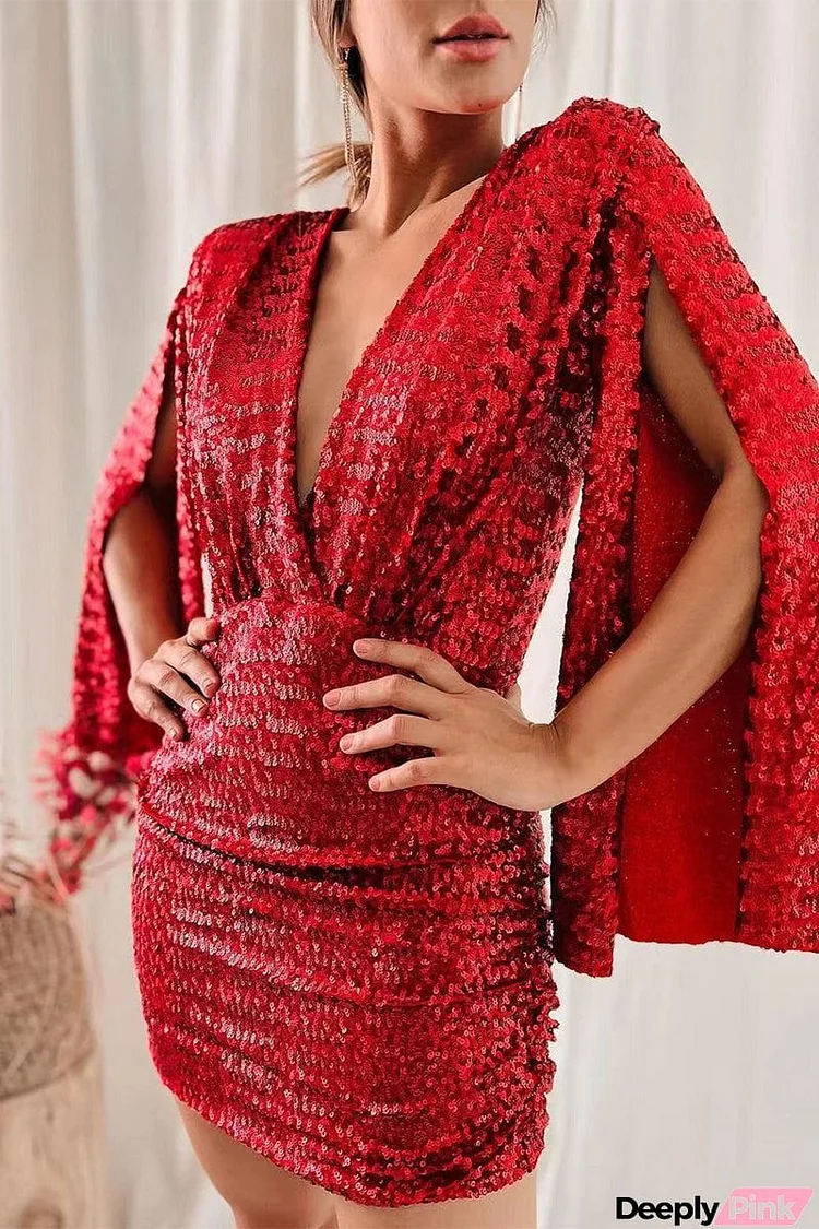 Solid Sequins V Neck Wrapped Skirt Dresses