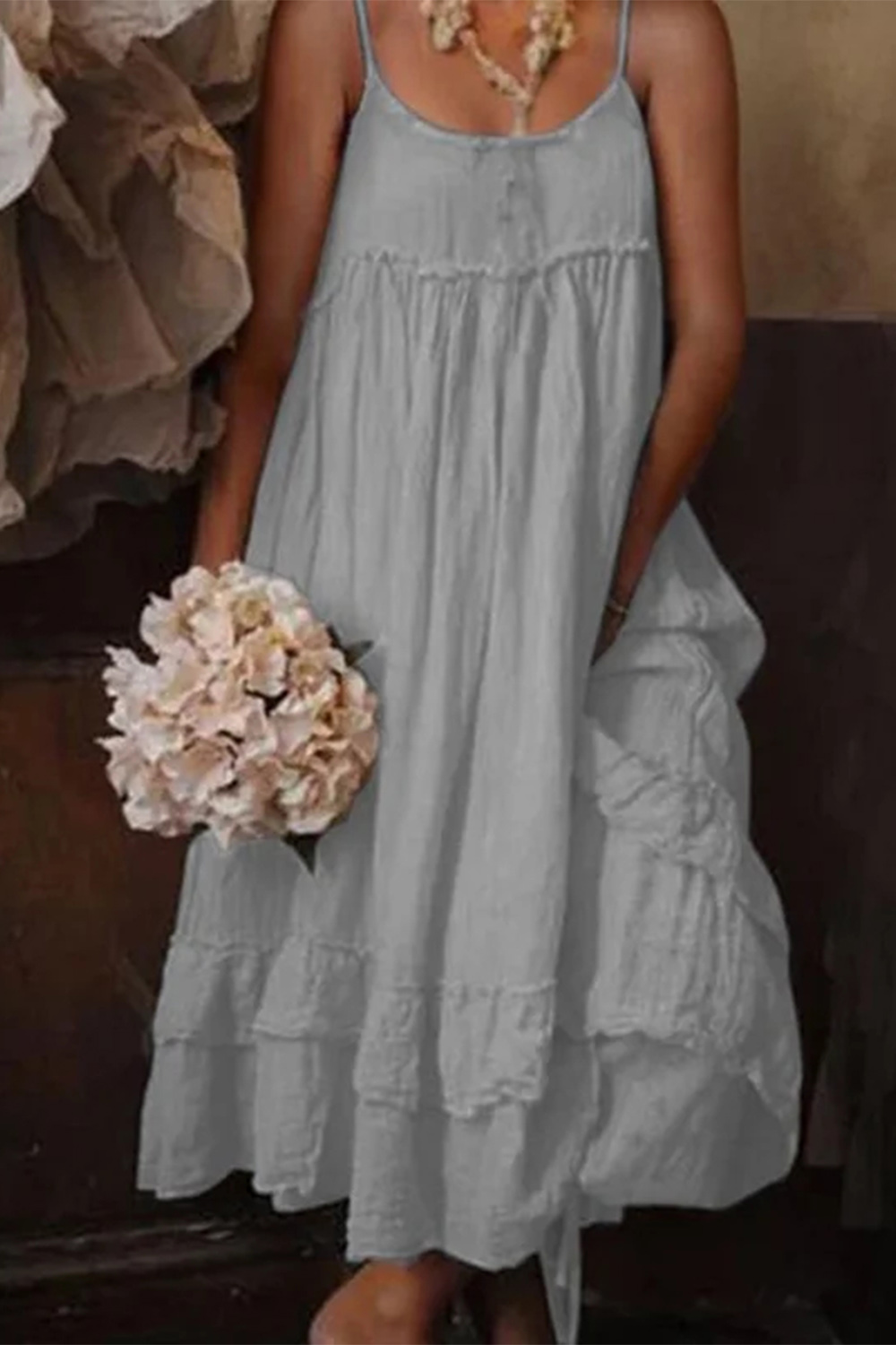Plus Size Everyday White Solid Ruffle Layered Cami Maxi Dress 2024 - Flycurvy 