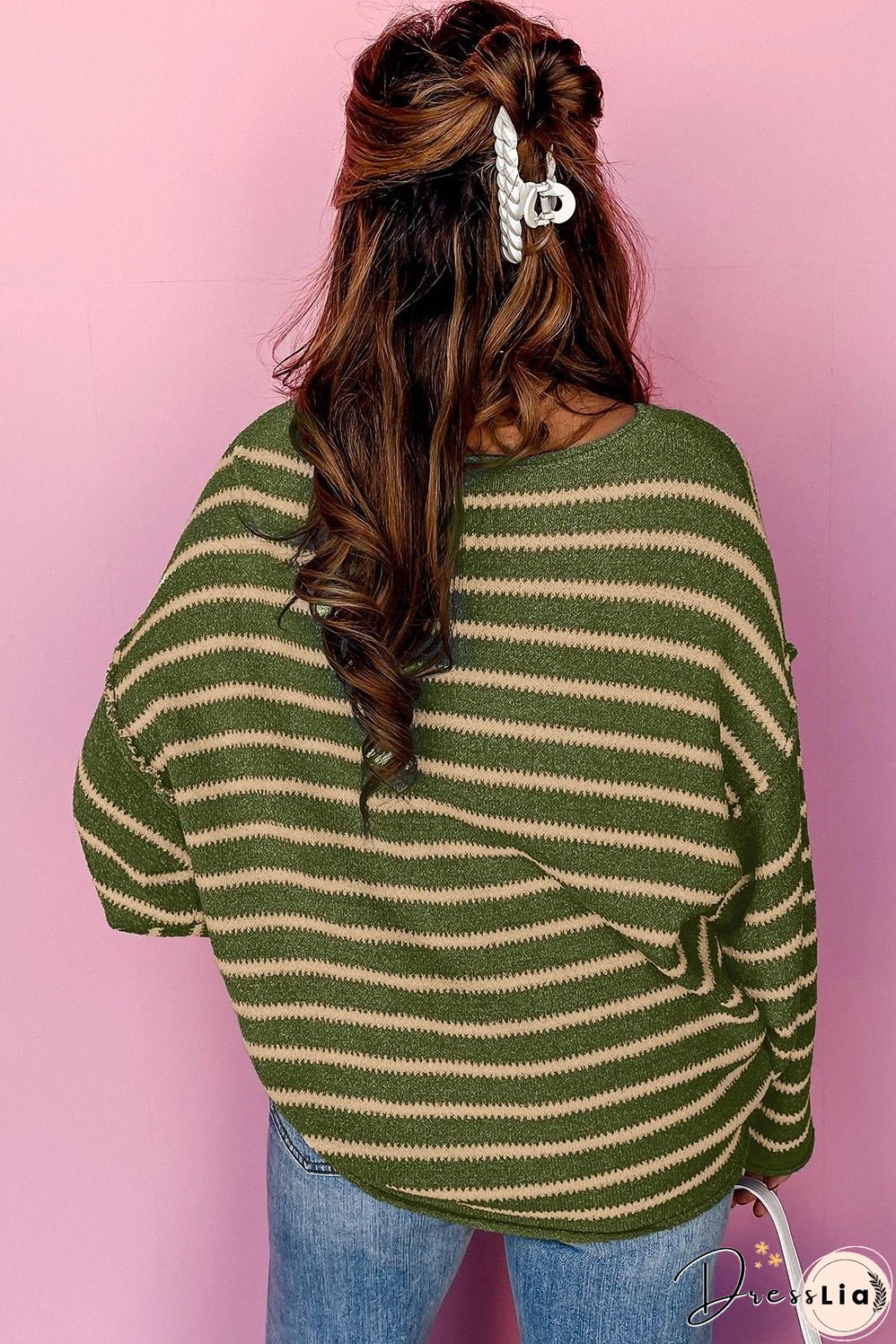 Green Stripe Casual Stripe Round Neck Drop Shoulder Sweater