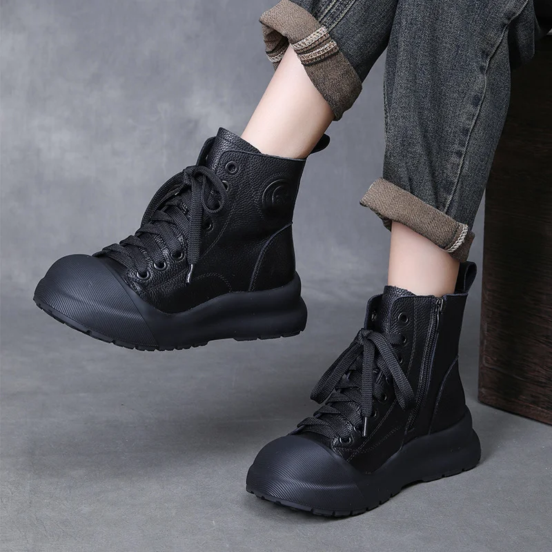 Yyvonne Cowhedular Retro Martin Boots Women Autumn And Winter New Set Leisure Short Boots With Round Head High Help Shoes
